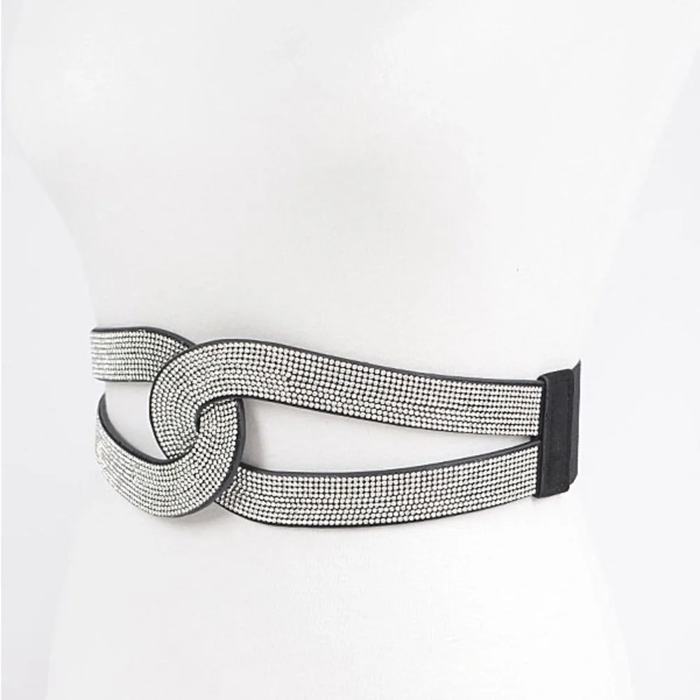 Black Rhinestone Infinity Elastic Corset Waist Statement Belt